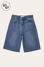 Viral Stretchy Low Rise Baggy Longline Denim Bermuda Shorts in Denim Blue