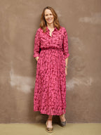 Julia - Printed Shirt Midi Dress - Pink Floral