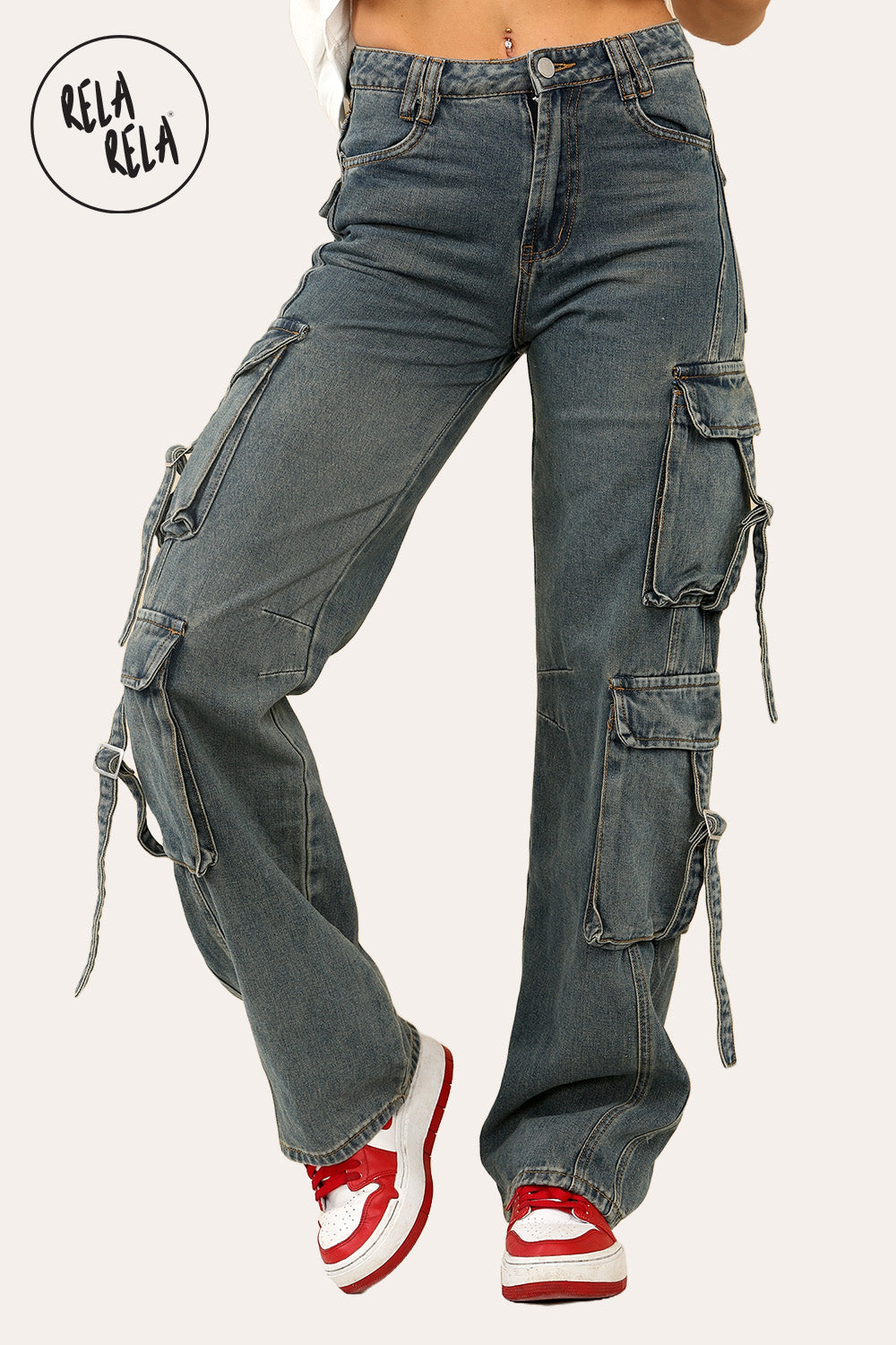 Tall Vintage Wash Cargo Pocket Wide Leg Jeans in Vintage Blue