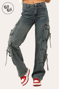 Tall Vintage Wash Cargo Pocket Wide Leg Jeans in Vintage Blue