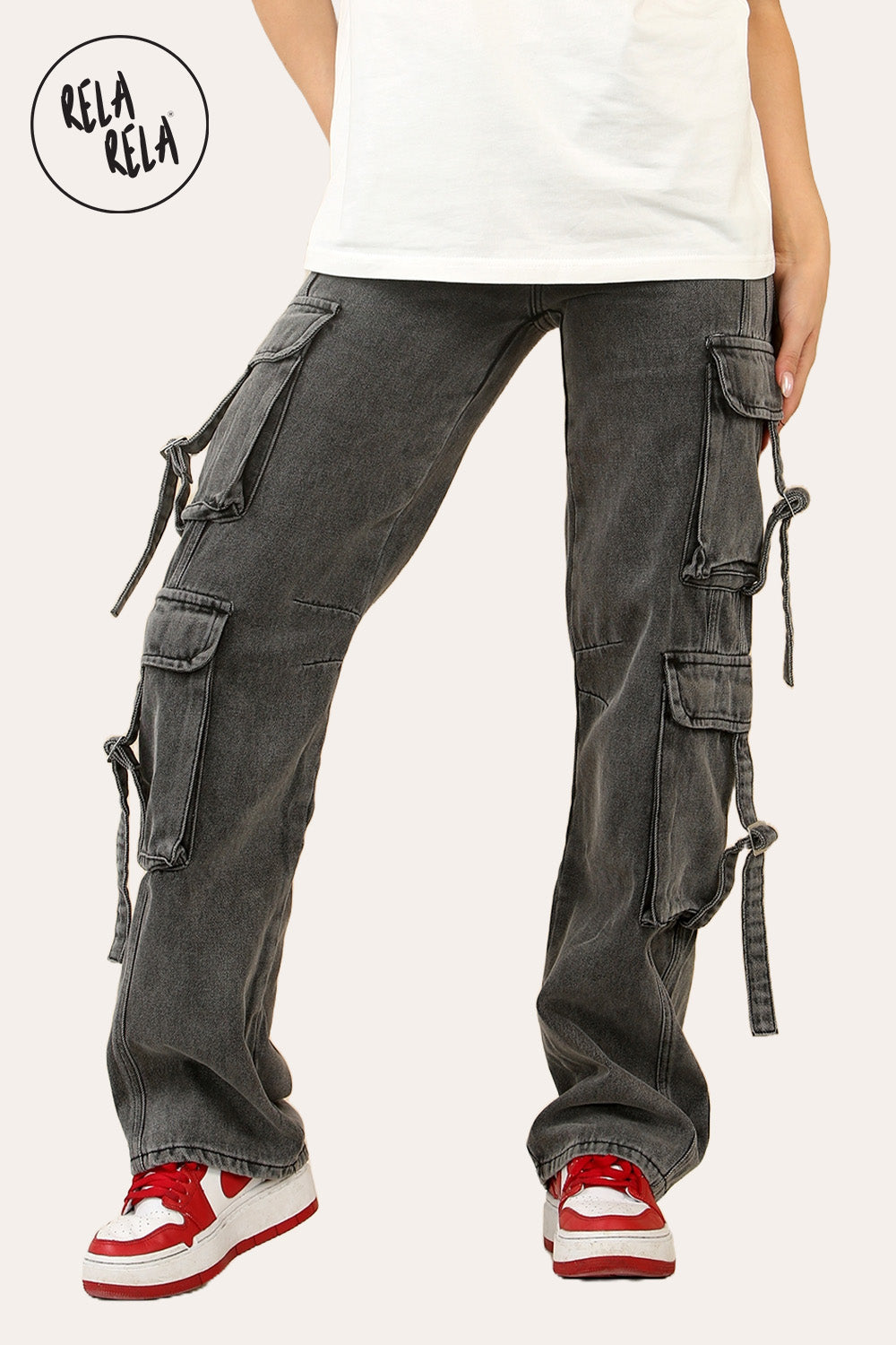 Tall Vintage Wash Cargo Pocket Wide Leg Jeans in Vintage Grey