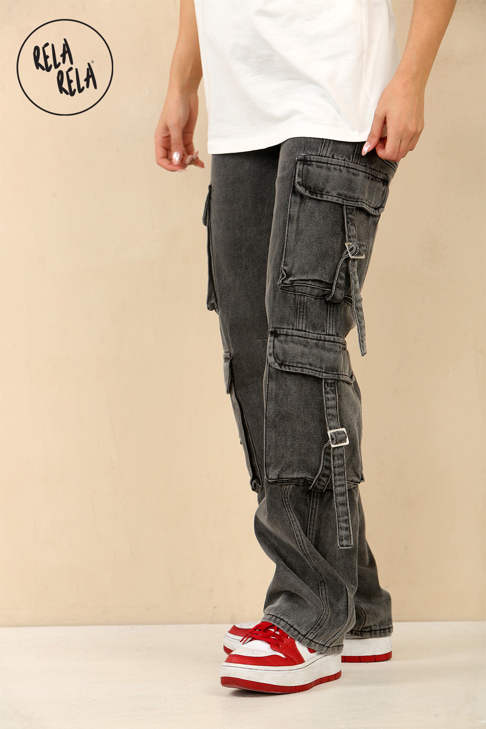 Tall Vintage Wash Cargo Pocket Wide Leg Jeans in Vintage Grey