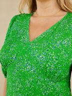 Katie - V Neck Tea Dress - Green Smudge Leopard Print