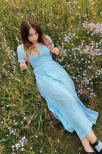 Katie - Shirred Bodice Midi Dress - Blue