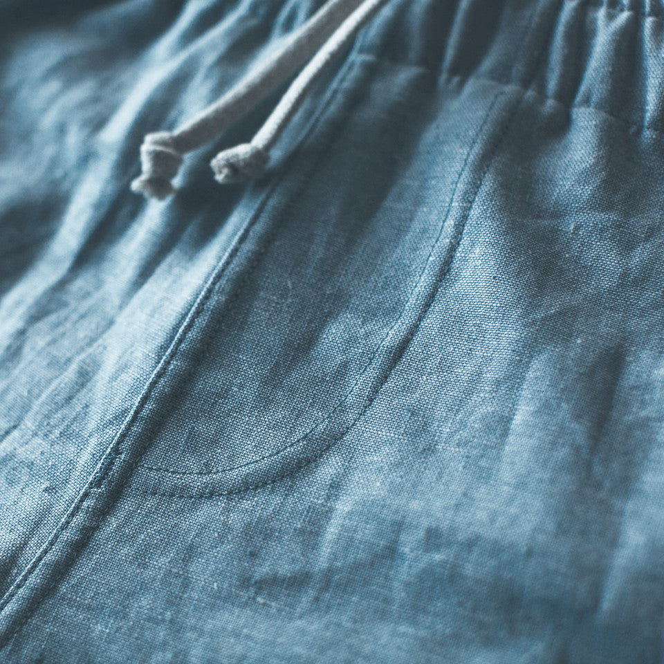 Sun Bleached Indigo Linen and Cotton Leisure Shorts