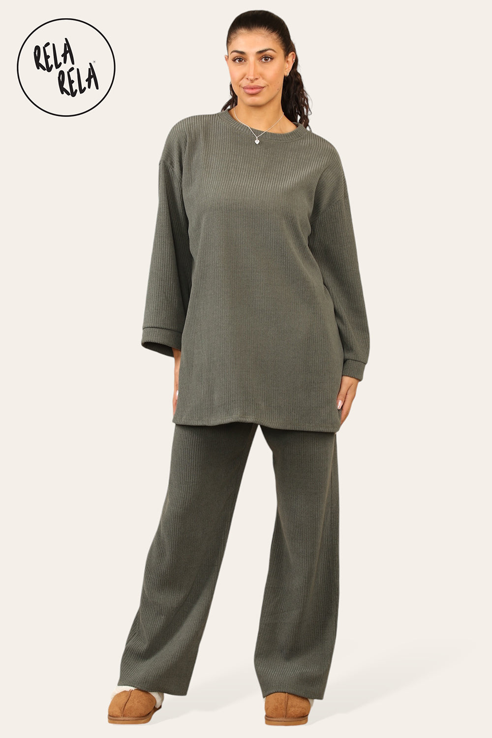 Crew Neck Wide Leg Trousers Loungewear Set Co-Ord in Khaki