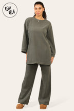 Crew Neck Wide Leg Trousers Loungewear Set Co-Ord in Khaki