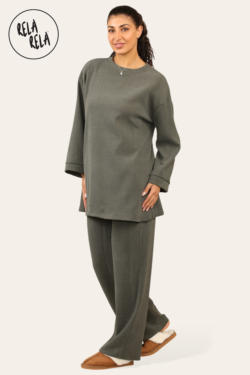 Crew Neck Wide Leg Trousers Loungewear Set Co-Ord in Khaki