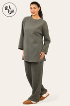 Crew Neck Wide Leg Trousers Loungewear Set Co-Ord in Khaki