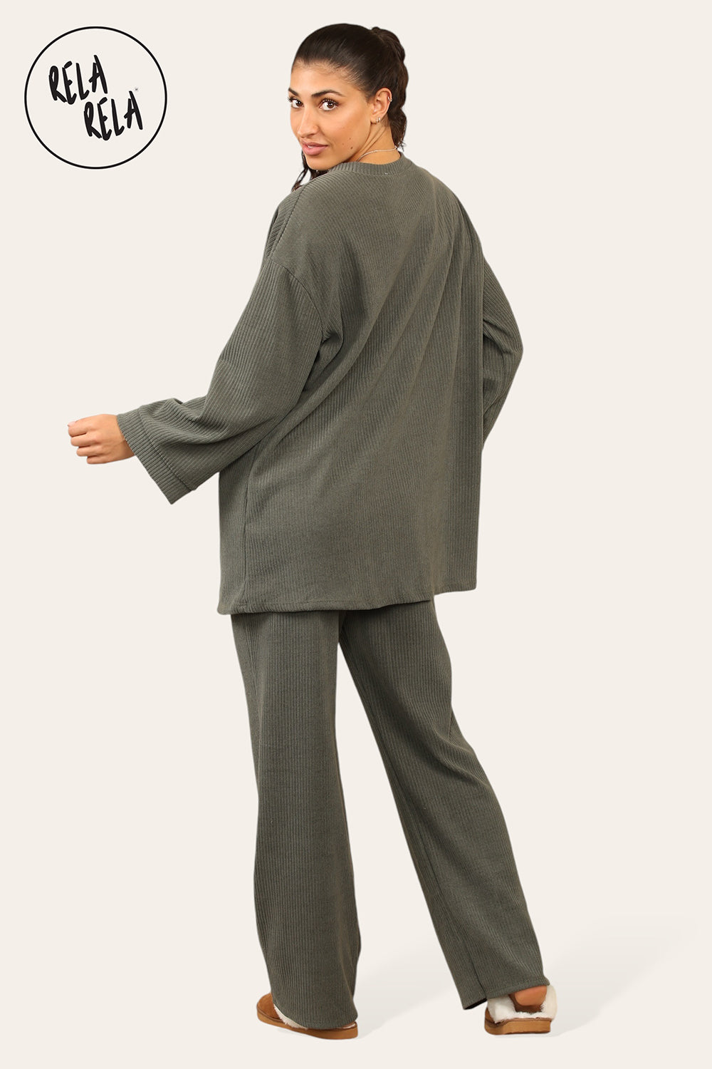 Crew Neck Wide Leg Trousers Loungewear Set Co-Ord in Khaki