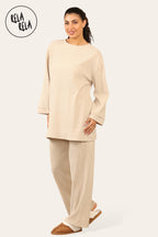Crew Neck Wide Leg Trousers Loungewear Set Co-Ord in Beige