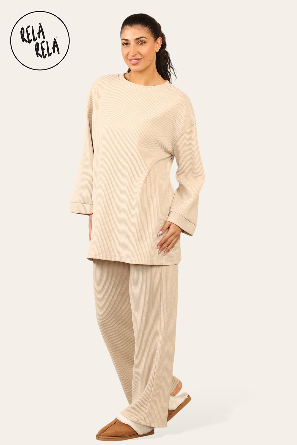 Crew Neck Wide Leg Trousers Loungewear Set Co-Ord in Beige