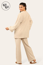 Crew Neck Wide Leg Trousers Loungewear Set Co-Ord in Beige