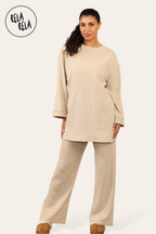 Crew Neck Wide Leg Trousers Loungewear Set Co-Ord in Beige