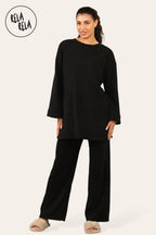 Crew Neck Wide Leg Trousers Loungewear Set Co-Ord in Black