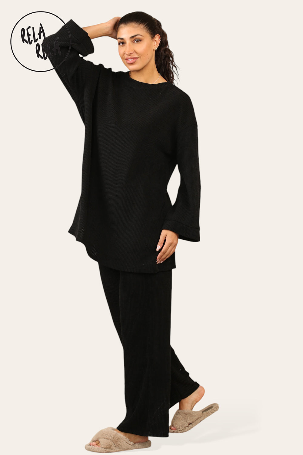 Crew Neck Wide Leg Trousers Loungewear Set Co-Ord in Black