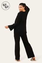Crew Neck Wide Leg Trousers Loungewear Set Co-Ord in Black