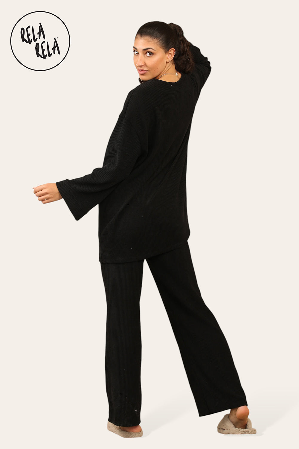 Crew Neck Wide Leg Trousers Loungewear Set Co-Ord in Black