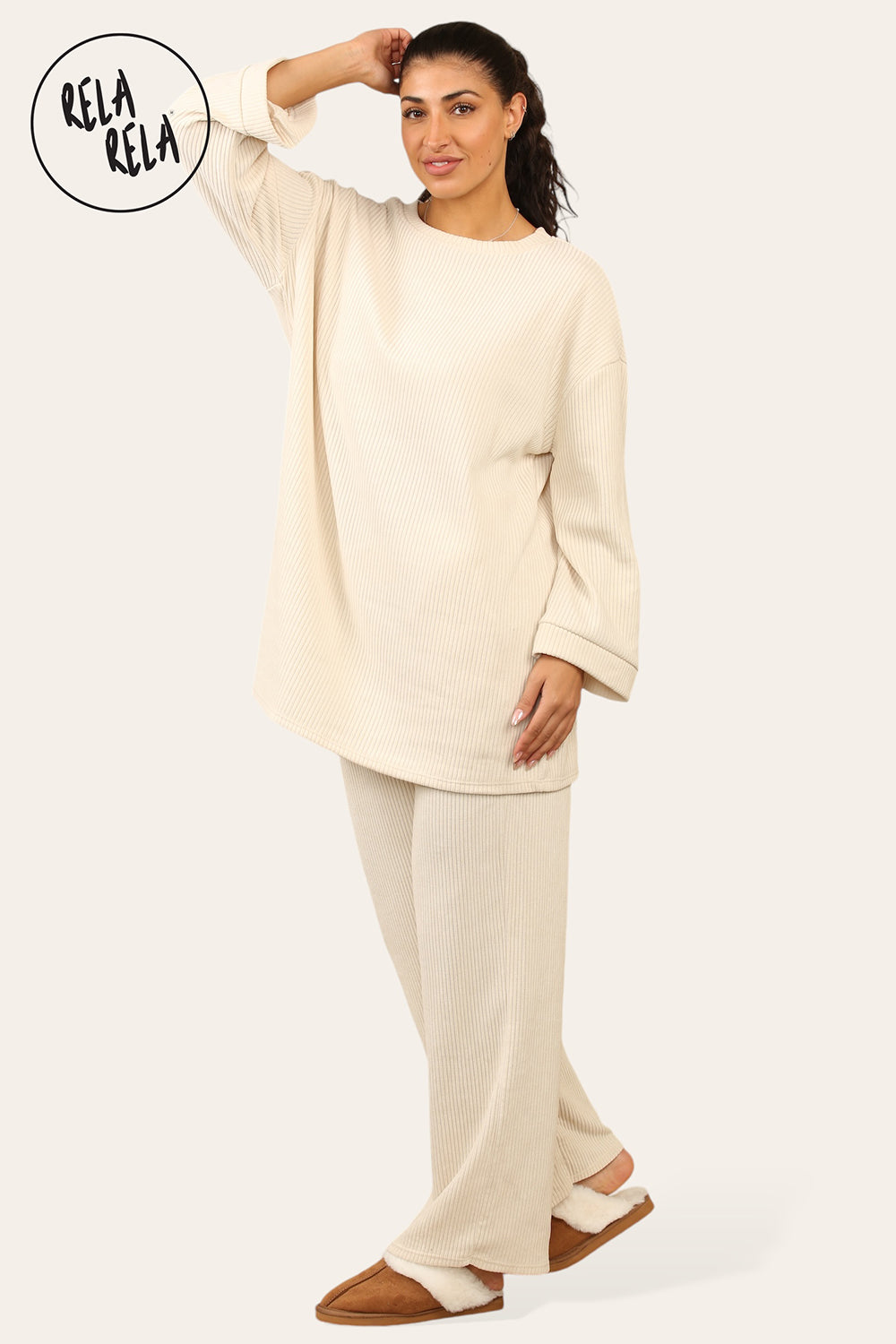 Crew Neck Wide Leg Trousers Loungewear Set Co-Ord in Cream