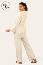 Crew Neck Wide Leg Trousers Loungewear Set Co-Ord in Cream