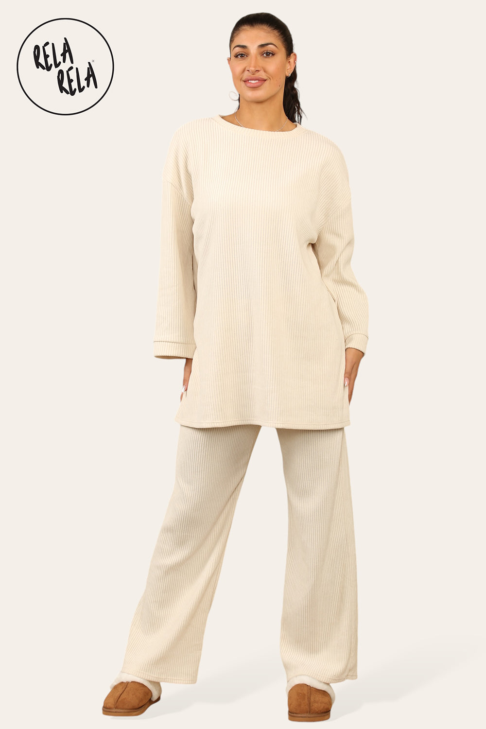 Crew Neck Wide Leg Trousers Loungewear Set Co-Ord in Cream
