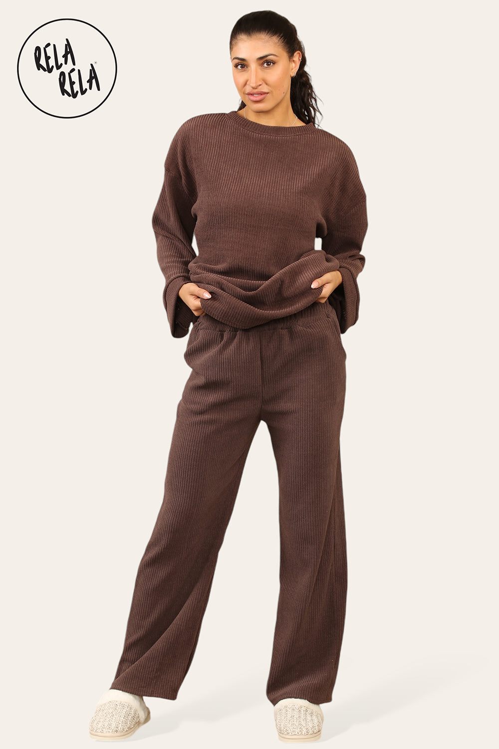 Crew Neck Wide Leg Trousers Loungewear Set Co-Ord in Chocolate