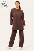 Crew Neck Wide Leg Trousers Loungewear Set Co-Ord in Chocolate
