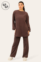 Crew Neck Wide Leg Trousers Loungewear Set Co-Ord in Chocolate