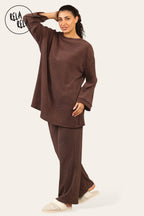 Crew Neck Wide Leg Trousers Loungewear Set Co-Ord in Chocolate