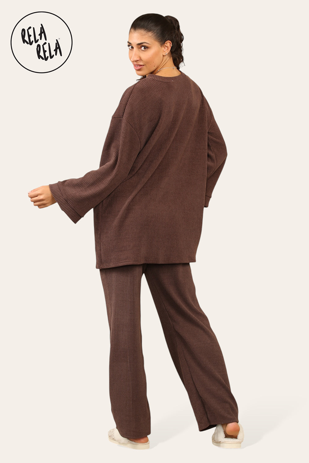 Crew Neck Wide Leg Trousers Loungewear Set Co-Ord in Chocolate