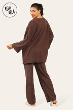 Crew Neck Wide Leg Trousers Loungewear Set Co-Ord in Chocolate