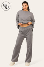 Crew Neck Wide Leg Trousers Loungewear Set Co-Ord in Grey