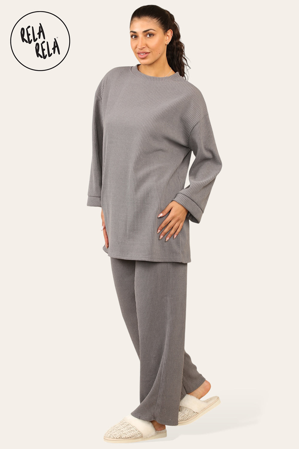 Crew Neck Wide Leg Trousers Loungewear Set Co-Ord in Grey