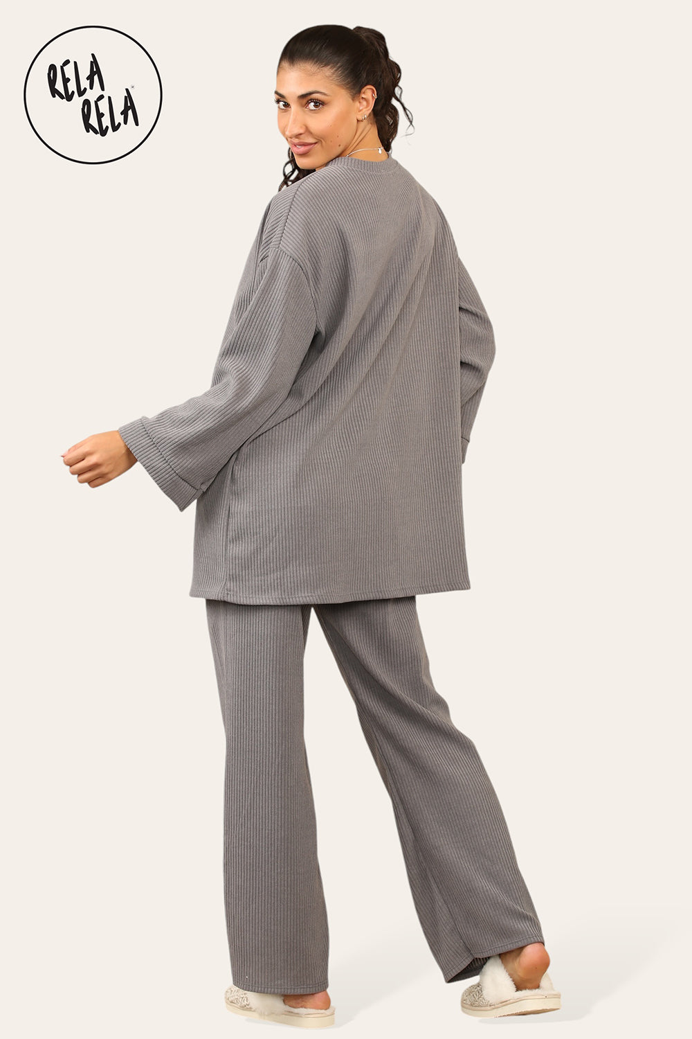 Crew Neck Wide Leg Trousers Loungewear Set Co-Ord in Grey
