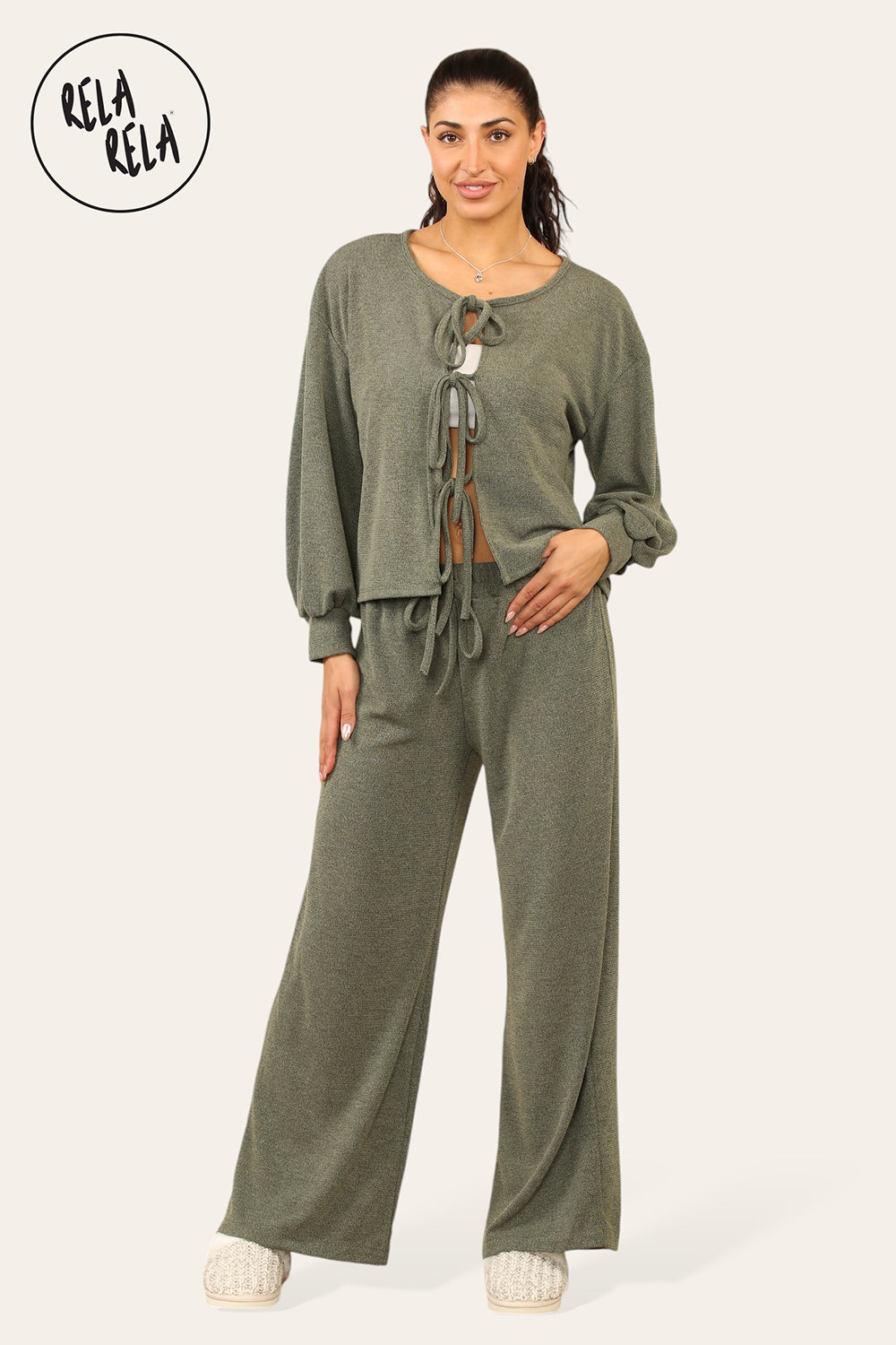 Balloon Sleeve Tie Front Top & Wide Leg Trousers Co-Ord Set in Khaki