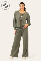 Balloon Sleeve Tie Front Top & Wide Leg Trousers Co-Ord Set in Khaki