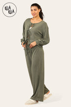 Balloon Sleeve Tie Front Top & Wide Leg Trousers Co-Ord Set in Khaki
