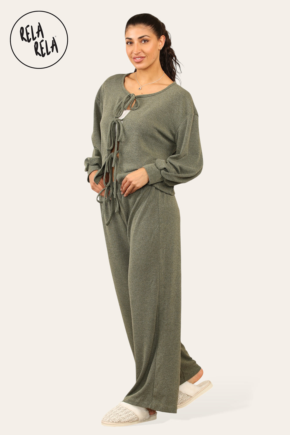 Balloon Sleeve Tie Front Top & Wide Leg Trousers Co-Ord Set in Khaki