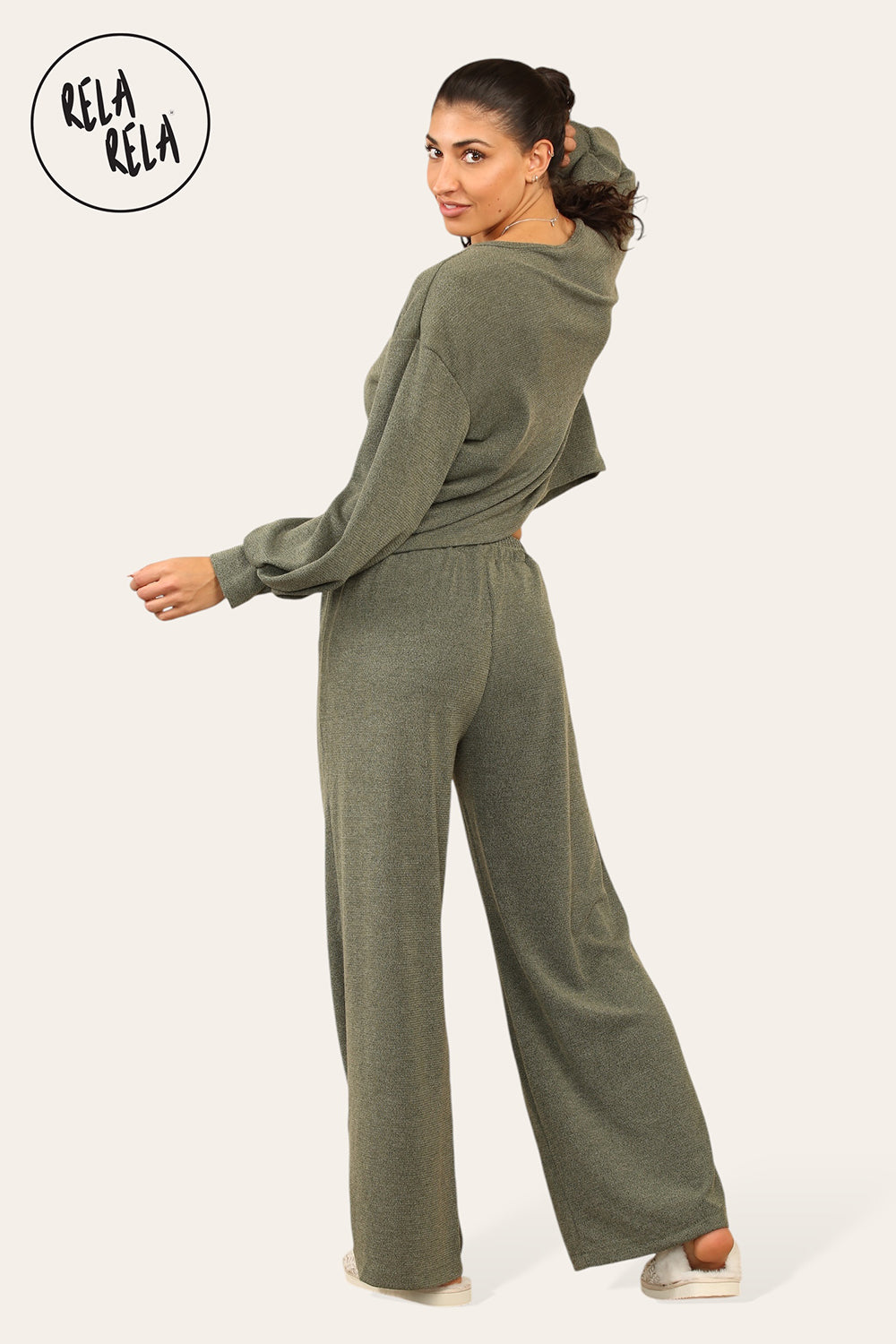 Balloon Sleeve Tie Front Top & Wide Leg Trousers Co-Ord Set in Khaki