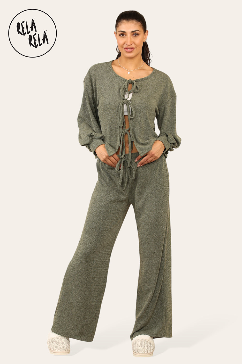 Balloon Sleeve Tie Front Top & Wide Leg Trousers Co-Ord Set in Khaki