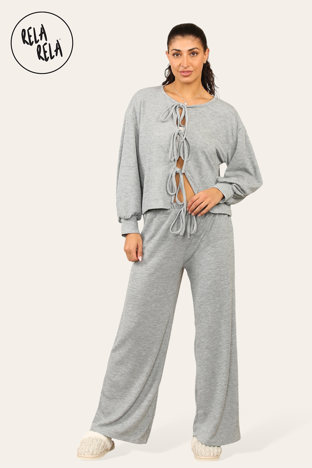 Balloon Sleeve Tie Front Top & Wide Leg Trousers Co-Ord Set in Grey