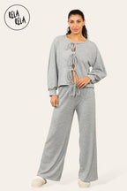 Balloon Sleeve Tie Front Top & Wide Leg Trousers Co-Ord Set in Grey