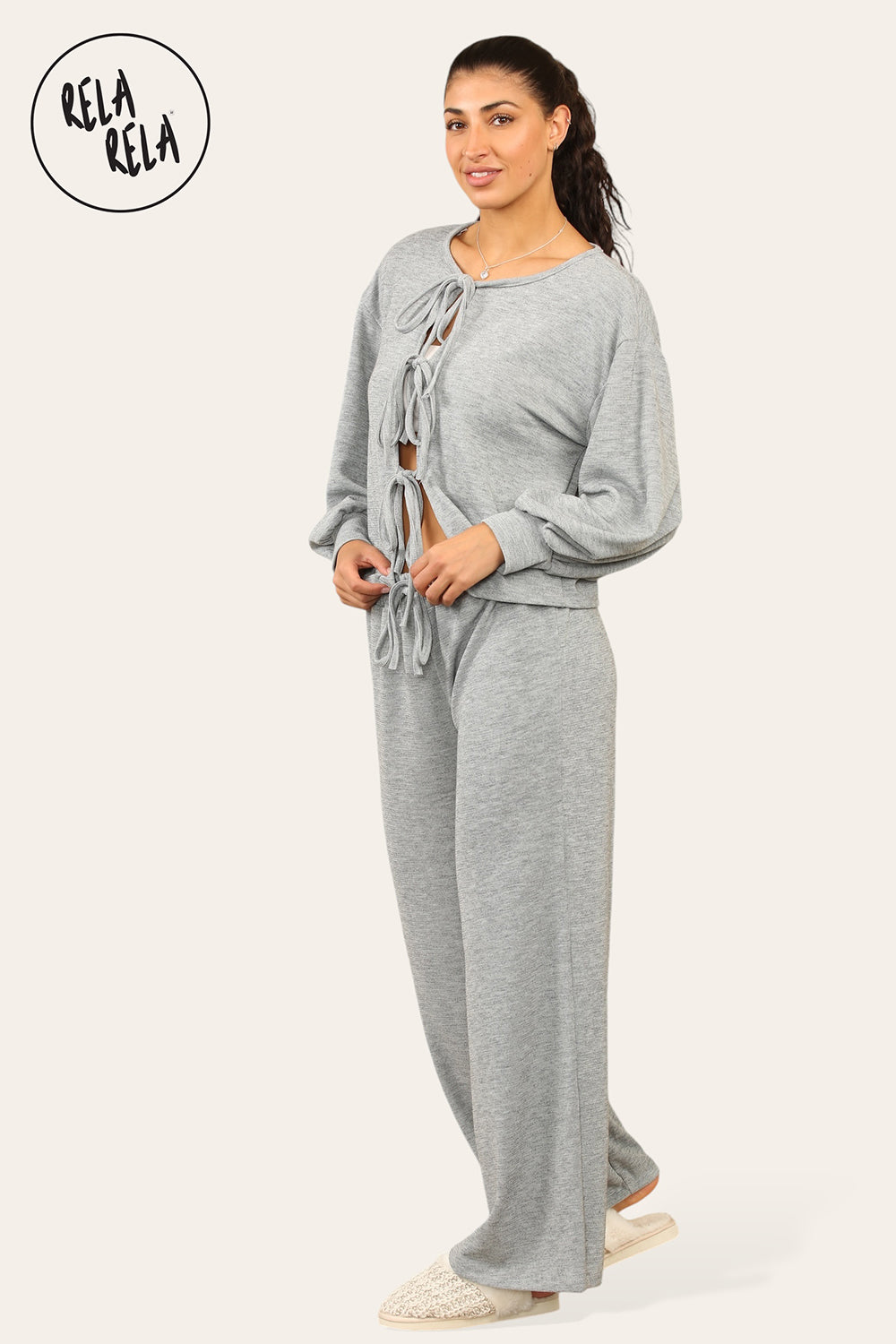 Balloon Sleeve Tie Front Top & Wide Leg Trousers Co-Ord Set in Grey