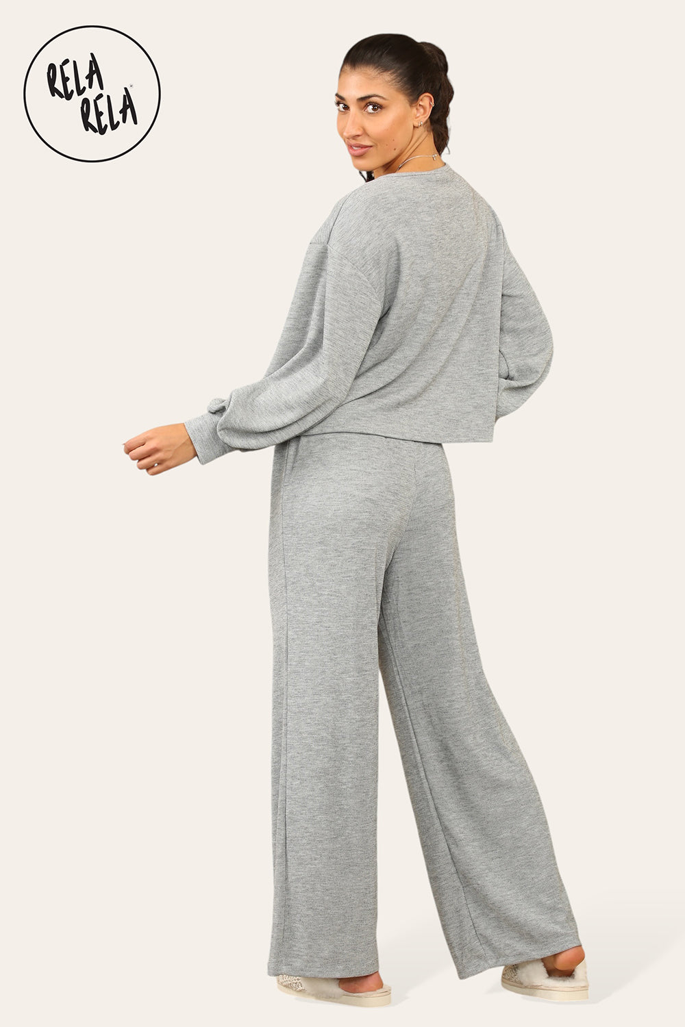 Balloon Sleeve Tie Front Top & Wide Leg Trousers Co-Ord Set in Grey