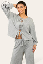Balloon Sleeve Tie Front Top & Wide Leg Trousers Co-Ord Set in Grey
