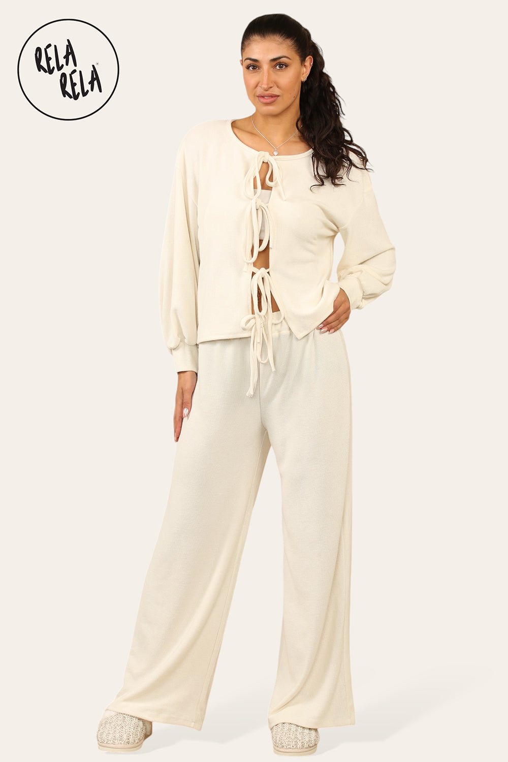 Balloon Sleeve Tie Front Top & Wide Leg Trousers Co-Ord Set in Cream