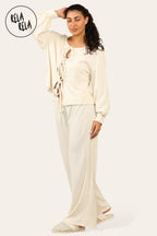 Balloon Sleeve Tie Front Top & Wide Leg Trousers Co-Ord Set in Cream