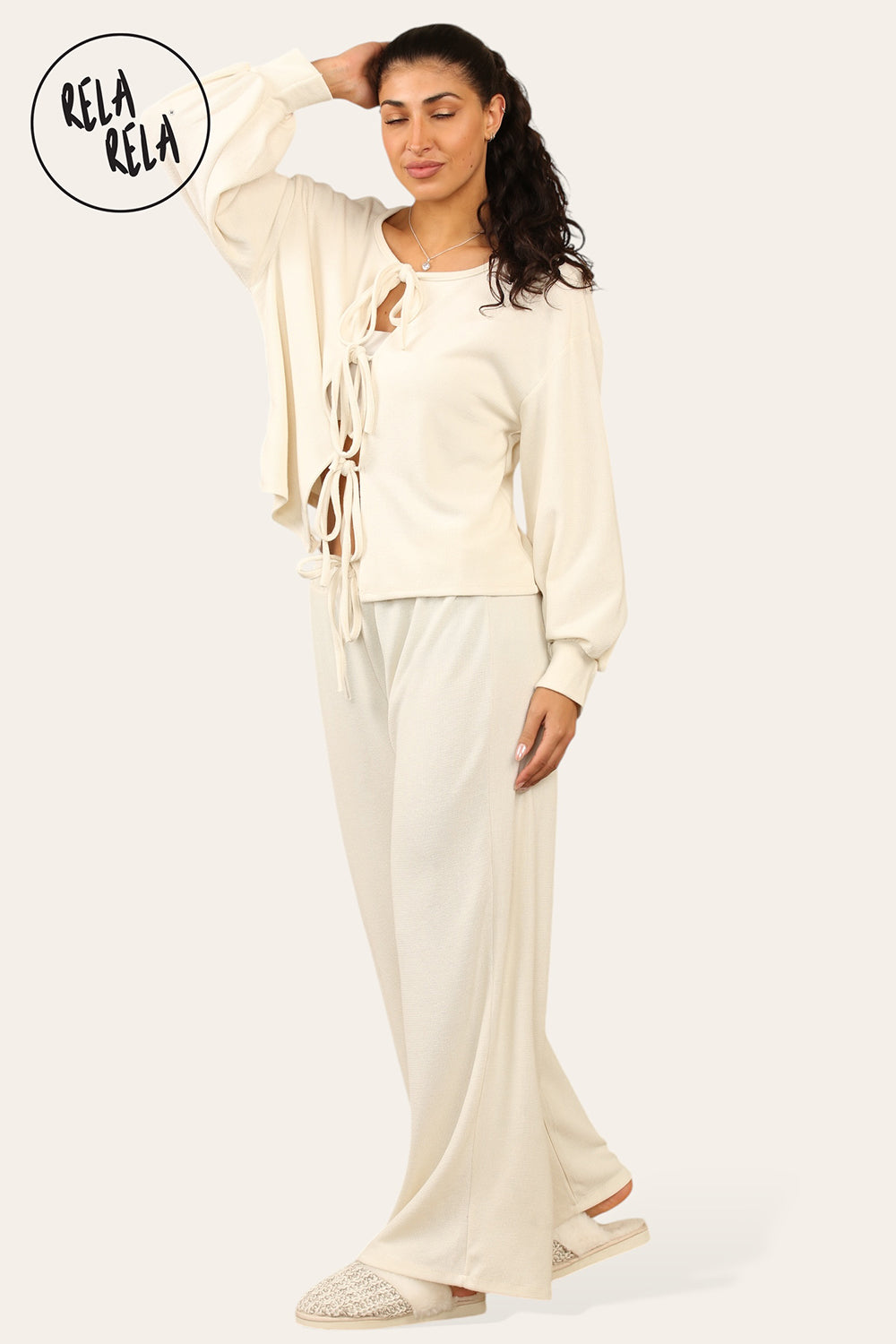 Balloon Sleeve Tie Front Top & Wide Leg Trousers Co-Ord Set in Cream
