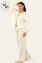 Balloon Sleeve Tie Front Top & Wide Leg Trousers Co-Ord Set in Cream