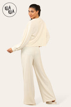 Balloon Sleeve Tie Front Top & Wide Leg Trousers Co-Ord Set in Cream